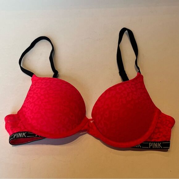 PINK Victoriaf's Secret Push Up Bra Bright Pink w/black trim Size 32B - Picture 1 of 6